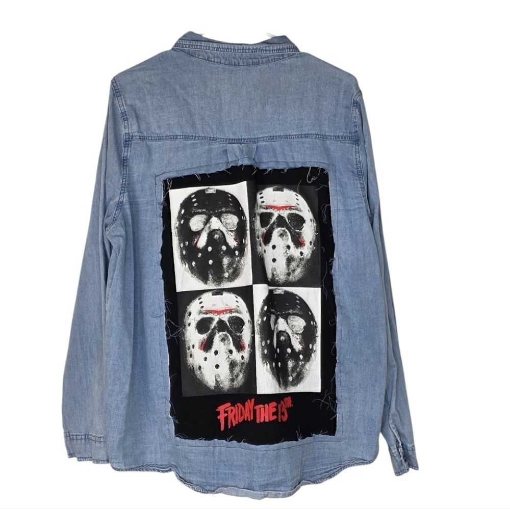 Boneyard Threadz Blue Chambray Button Up Shirt Friday The 13th Graphic XL